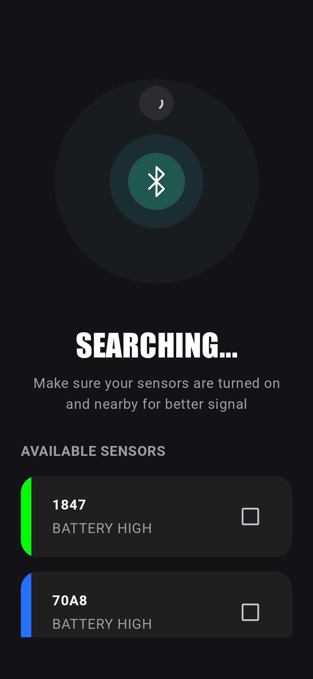 The app searching for sensors, with two sensors listed under Available Sensors