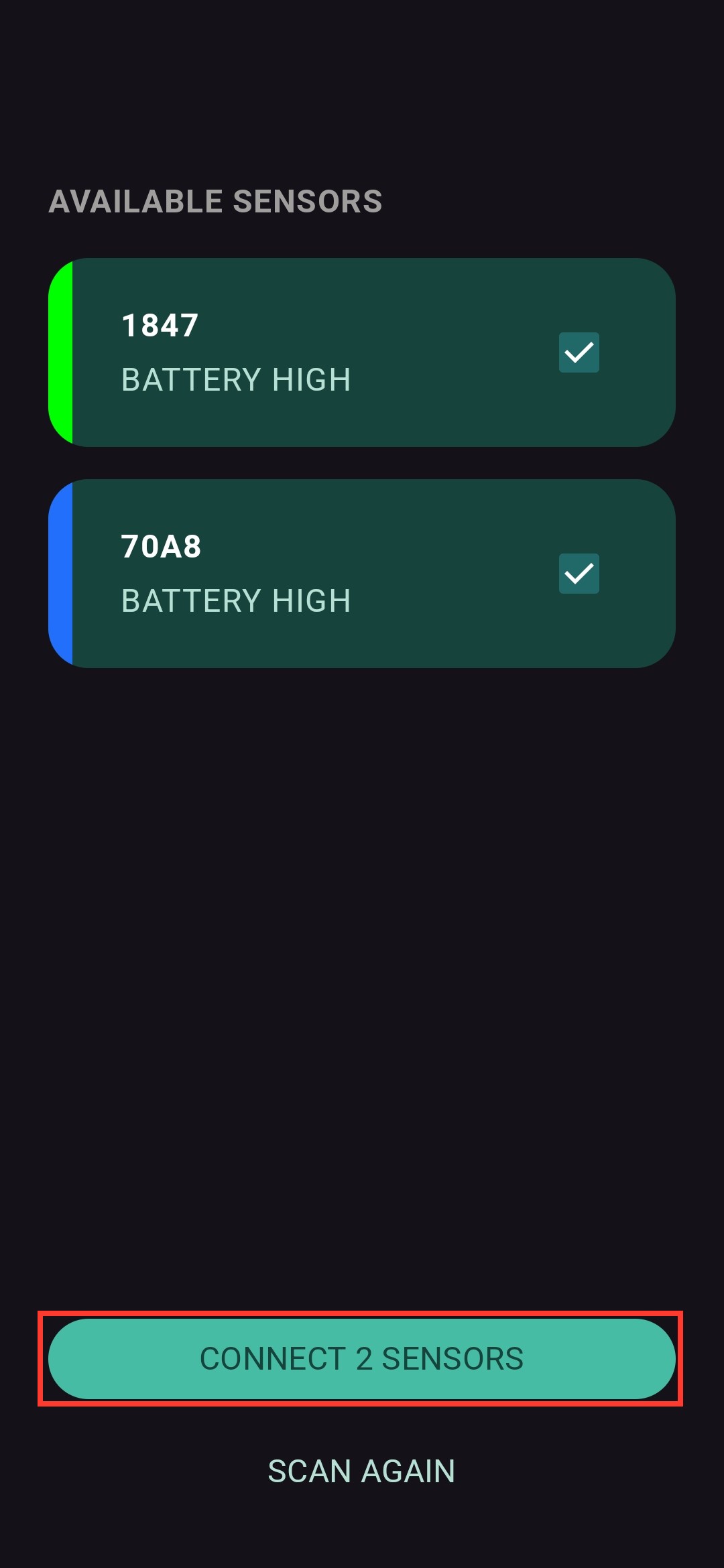 Both sensors ticked, with the Connect 2 Sensors button at the bottom