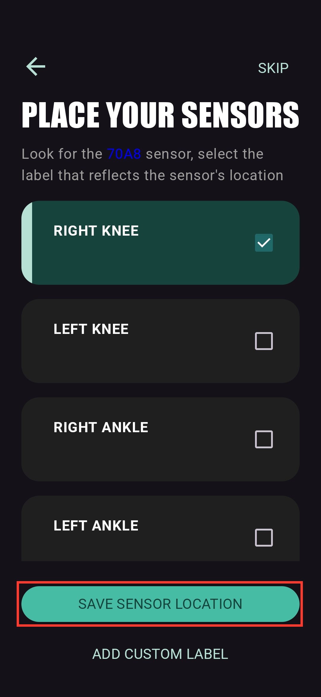Place Your Sensors screen for the second sensor with Right Knee selected