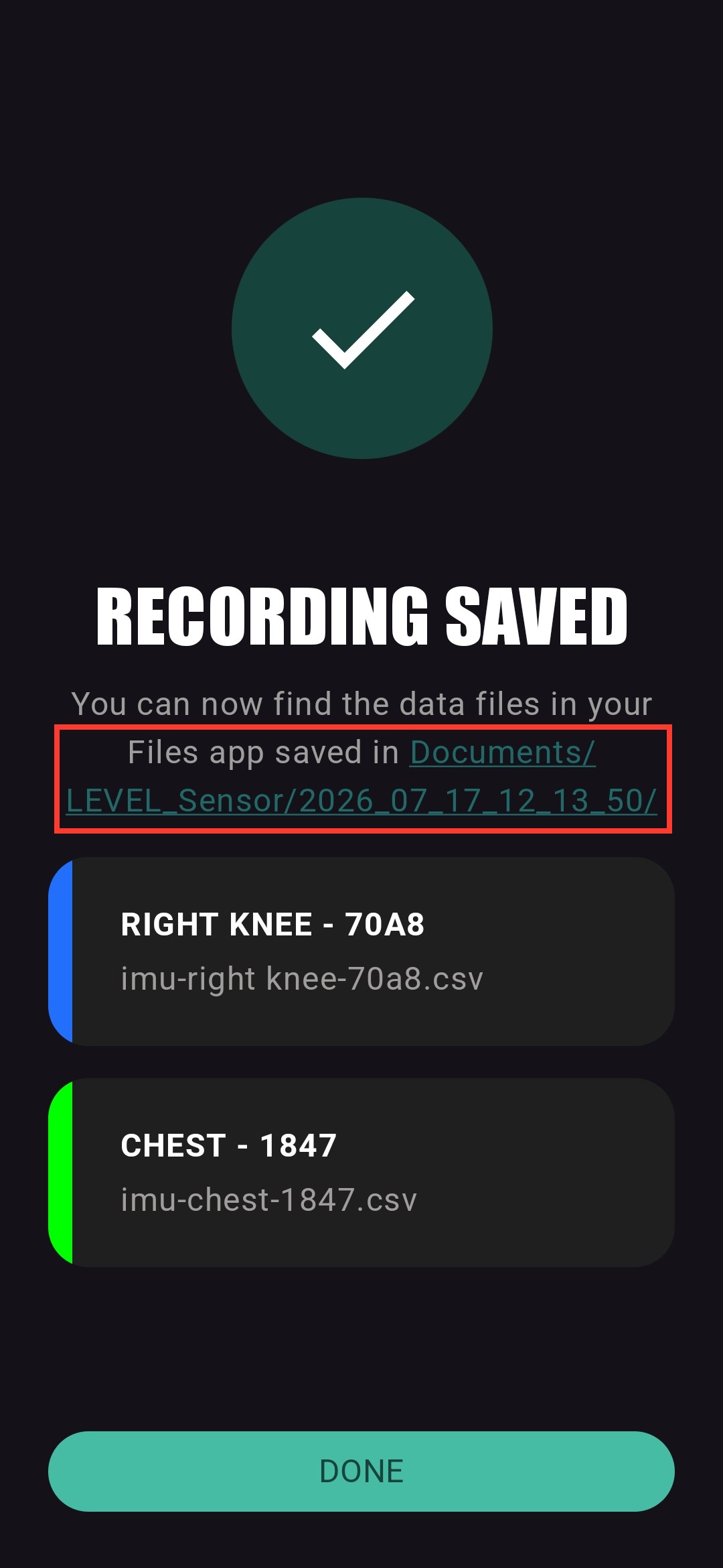Recording Saved screen listing one CSV per sensor and the folder path