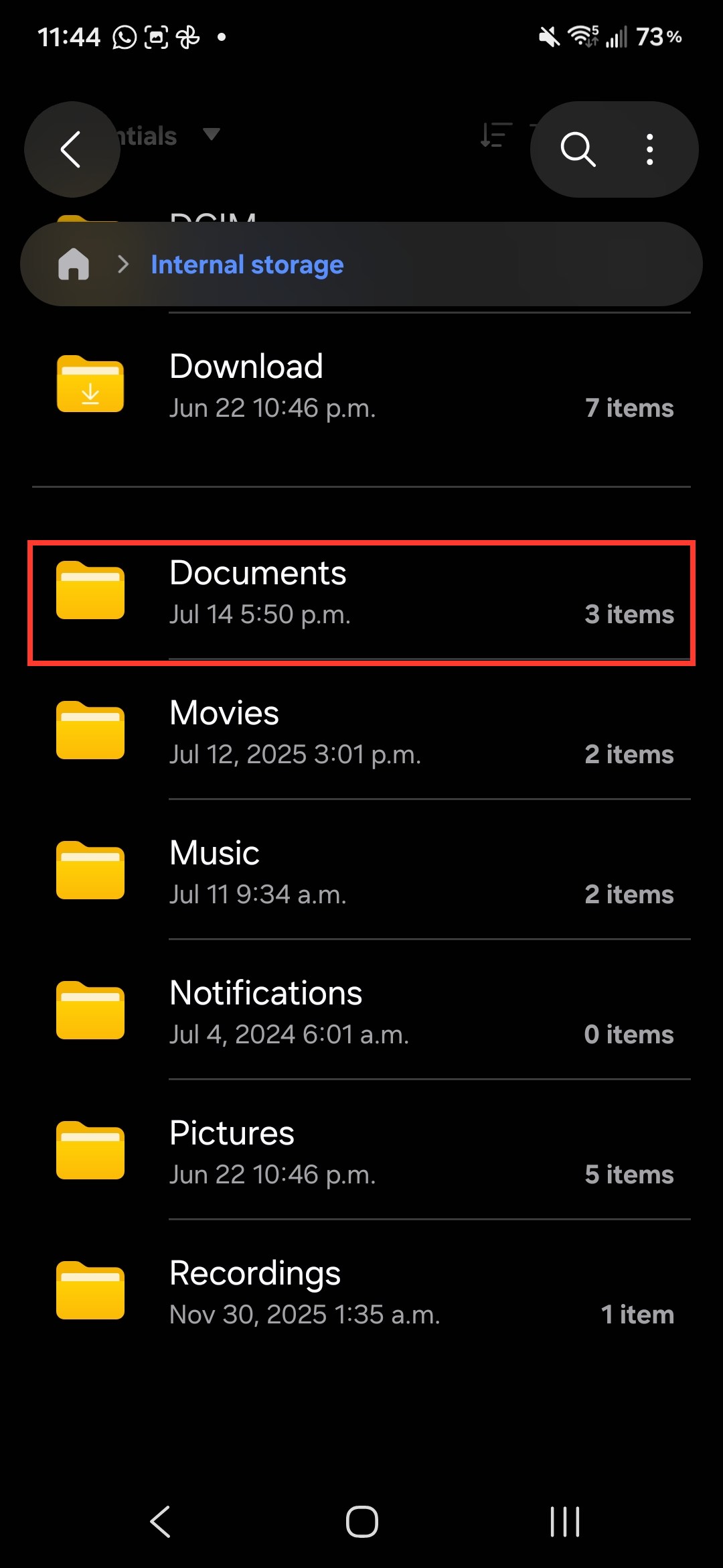 Internal storage folder list including Documents