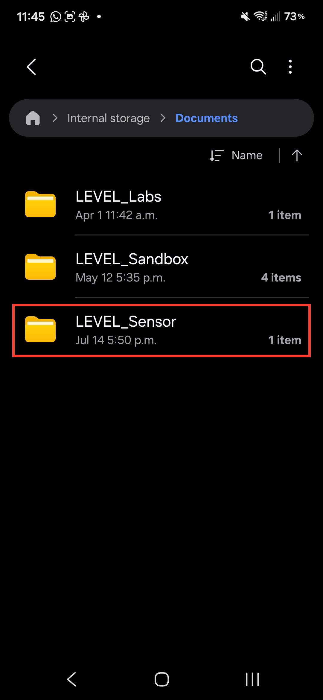 Documents folder showing the LEVEL_Sensor folder