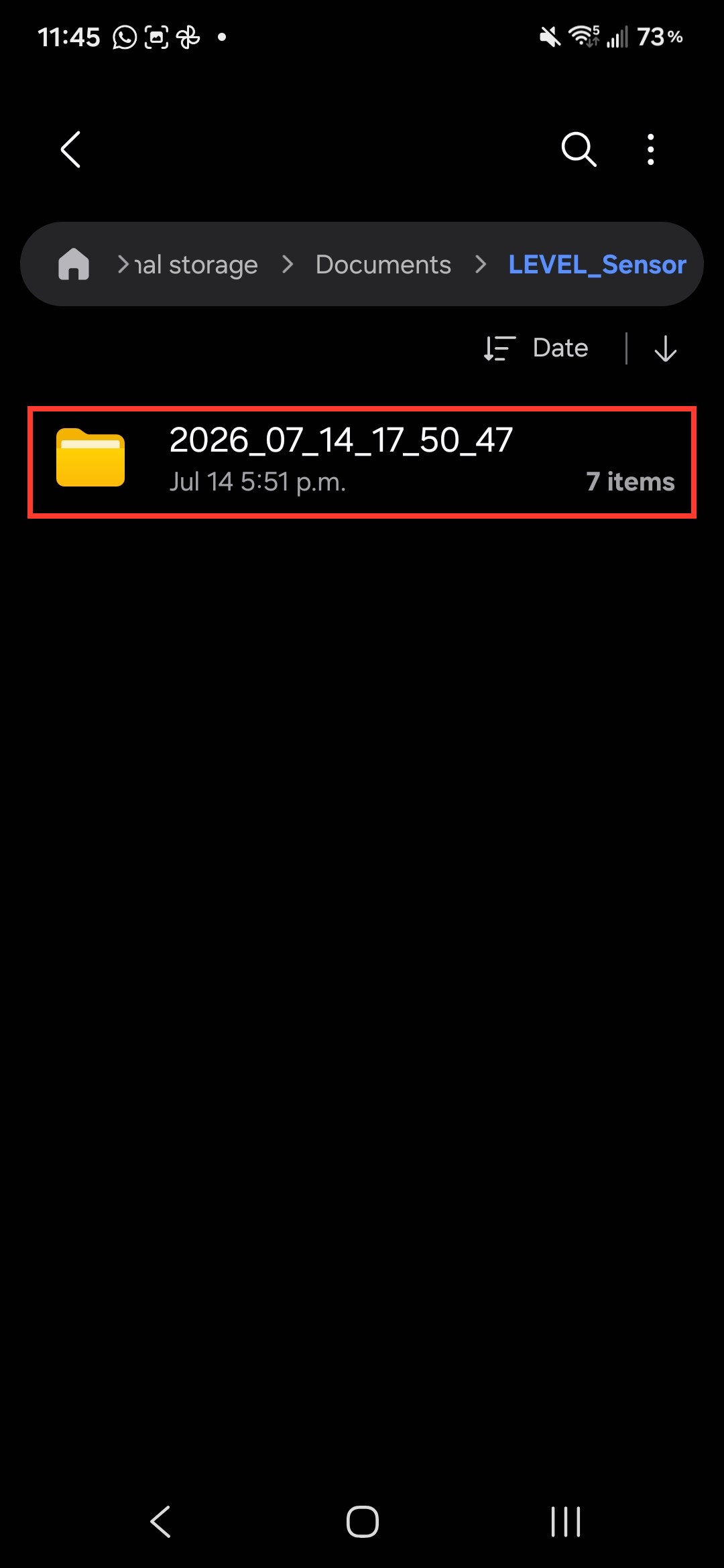 LEVEL_Sensor folder showing one session folder named by date and time