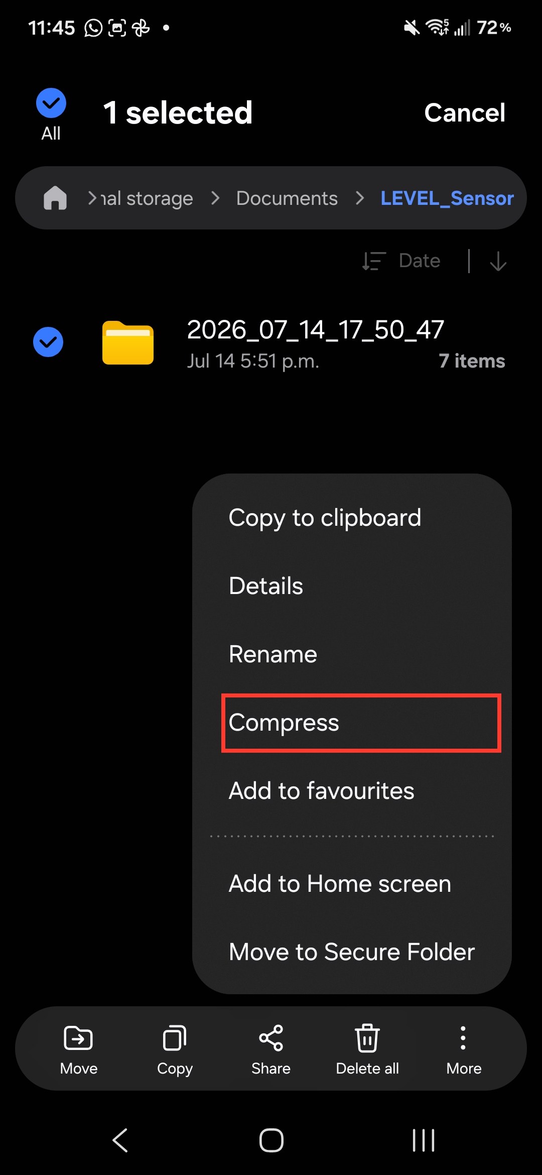 Session folder selected, with the More menu open showing Compress