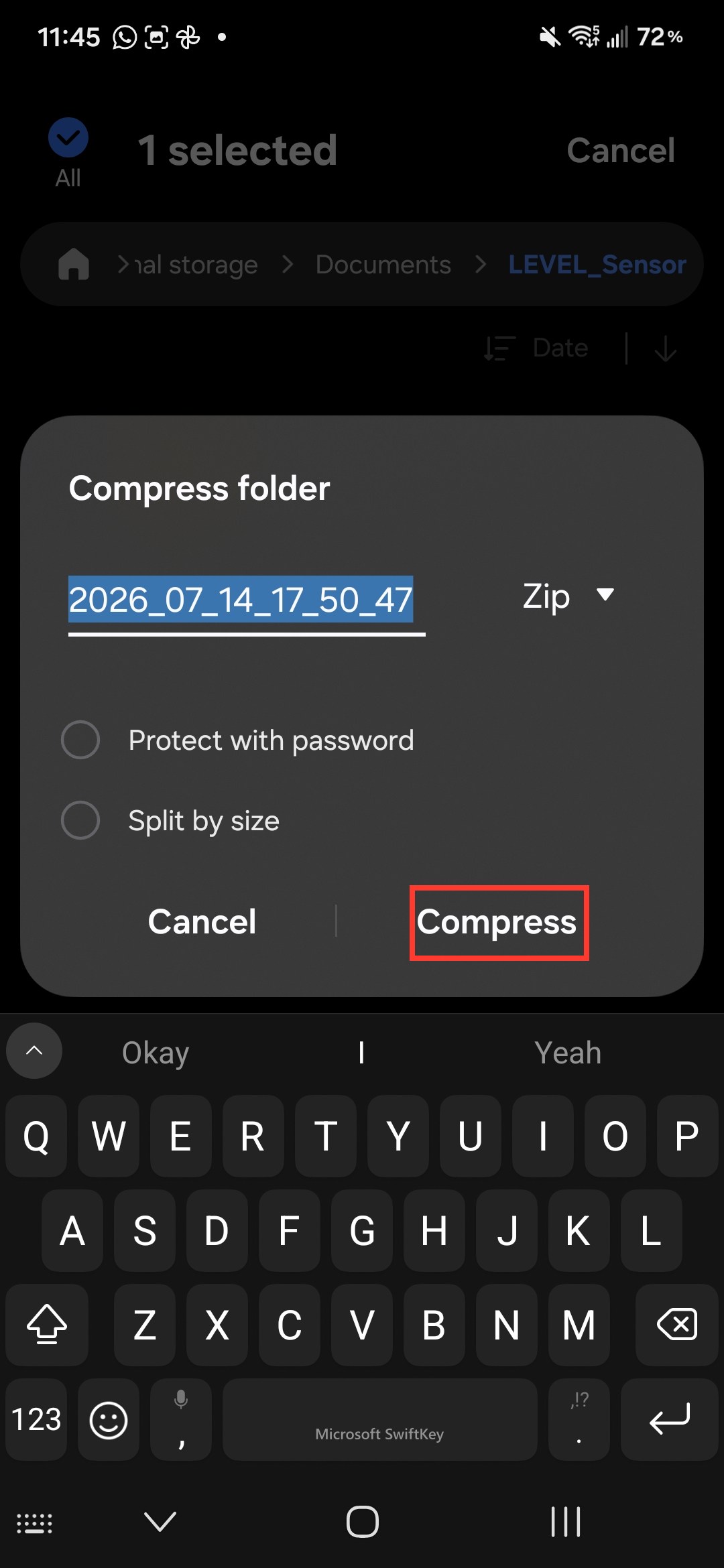 Compress folder dialog with Zip format selected